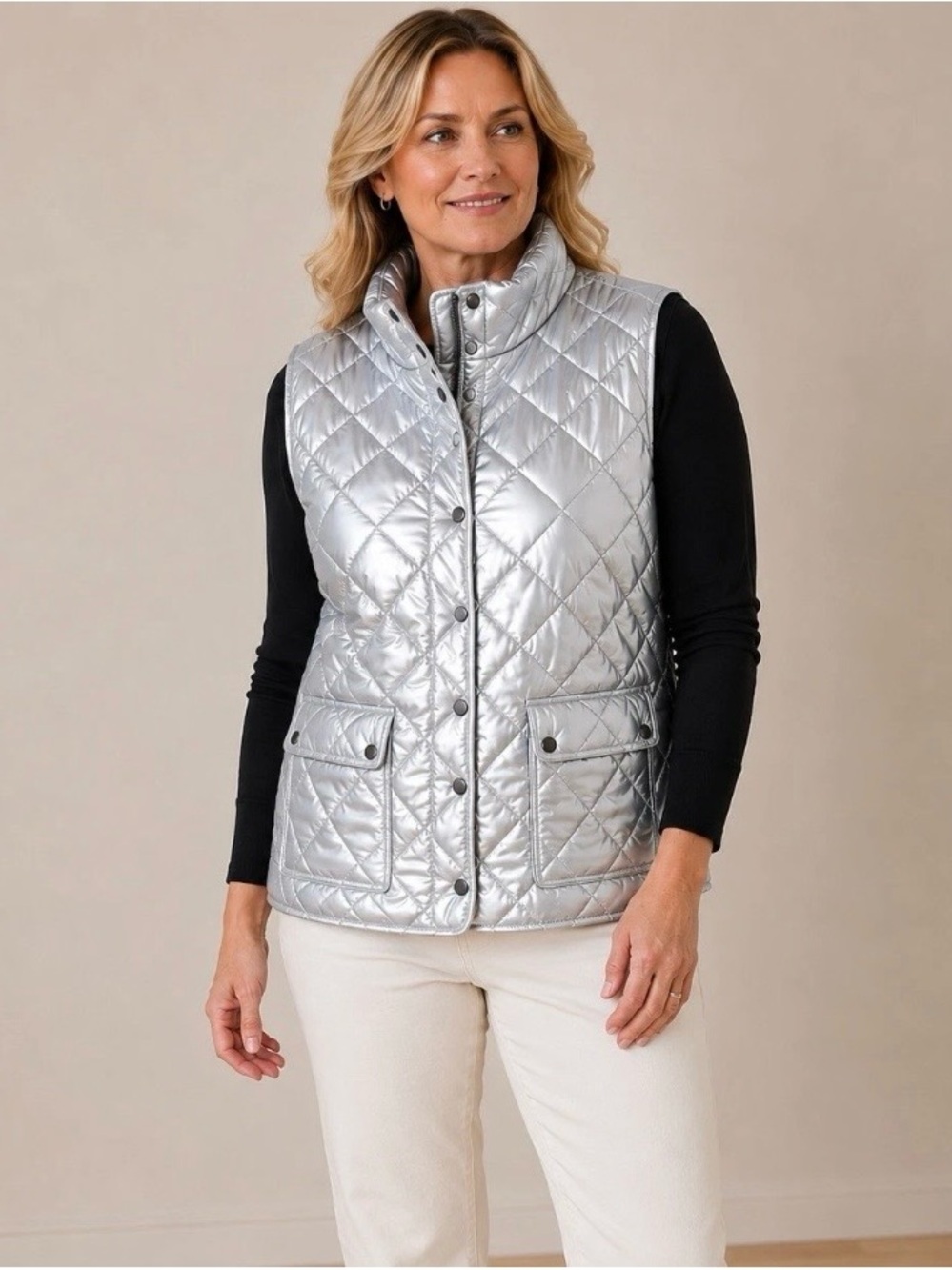 Talbots Plus 2X Silver Metallic Quilted Down Puffer Vest NWT